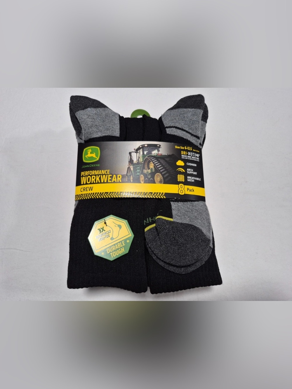 John Deere Men's Performance Workwear Crew Socks - Black & Gray (8 Pack)